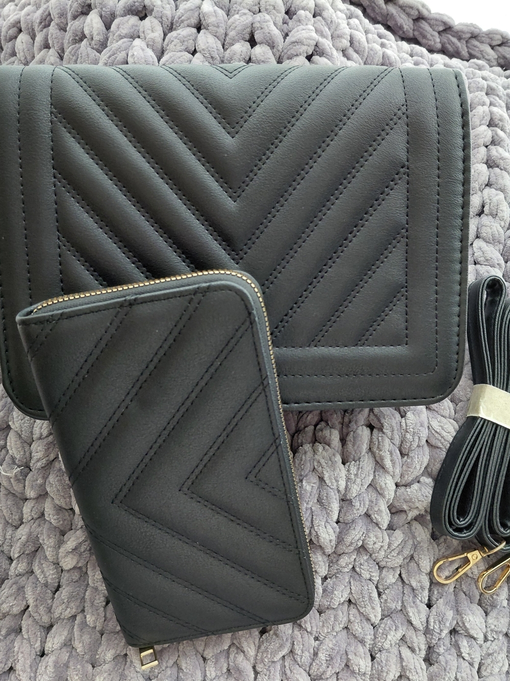 Classic Black Quilted Crossbody Bag with Matching Wallet